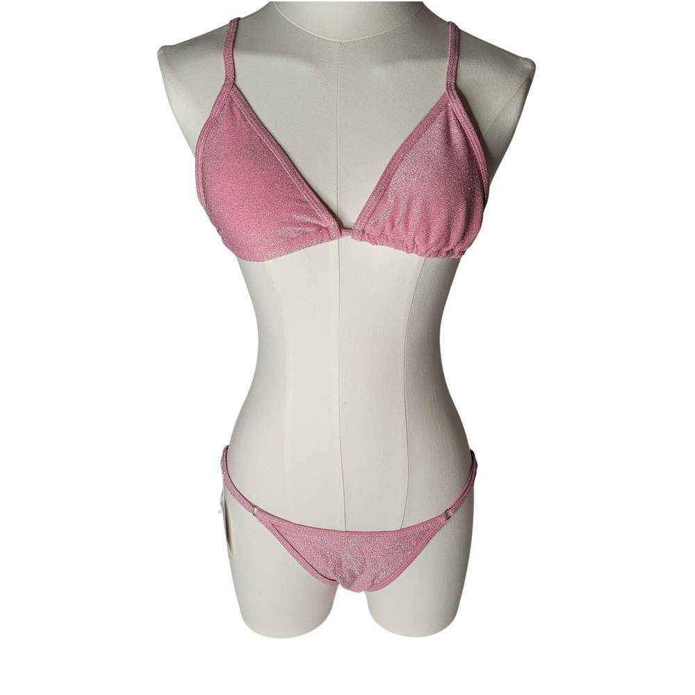 Pink Sparkle Triangle Bikini Set Shimmer Two Piece Halter Swimsuit NEW